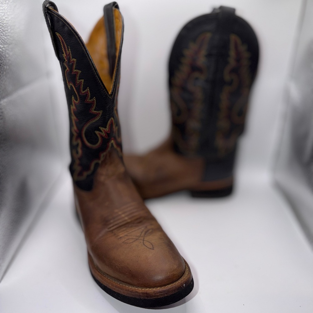 Old West W(7) Brown Leather Western Boots Flame Stitch Rodeo Festival‎ Artsy